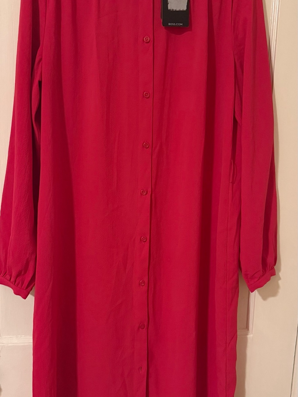 Boss Vibrant Red Button-Front Long Sleeve Dress